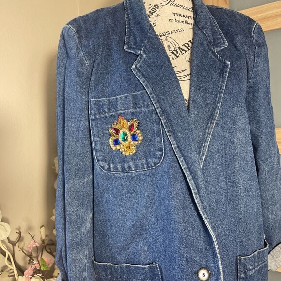 Eddie Bauer Denim Blazer with Pockets Retro Vintage Cuffed Sleeve Shoulder Pad - Picture 2 of 6